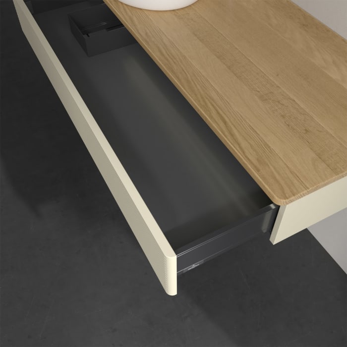 Villeroy & Boch Antao Waschbeckenunterschrank, 120 x 19 cm, 1 Auszug mit LED-Licht, Front mit Struktur, mit Hahnloch, für Waschtisch links