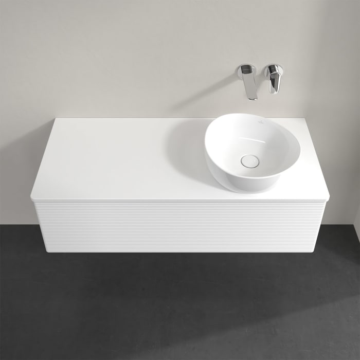 Villeroy & Boch Antao Waschbeckenunterschrank, 120 x 36 cm, 1 Auszug, Front mit Struktur, mit Hahnloch, für Waschtisch rechts