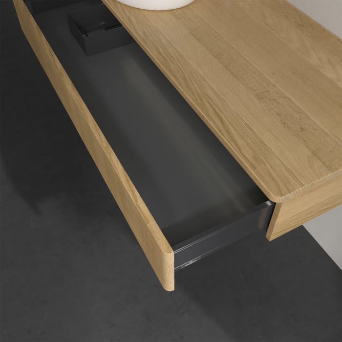 Villeroy & Boch Antao Waschbeckenunterschrank, 120 x 19 cm, 1 Auszug mit LED-Licht, Front mit Struktur, mit Hahnloch, für Waschtisch links