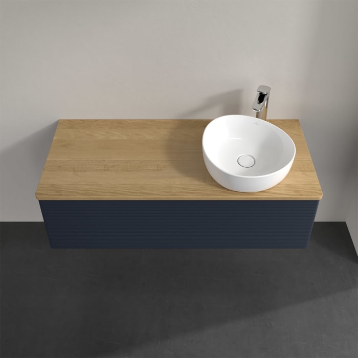 Villeroy & Boch Antao Waschbeckenunterschrank, 120 x 36 cm, 1 Auszug, Front mit Struktur, mit Hahnloch, für Waschtisch rechts