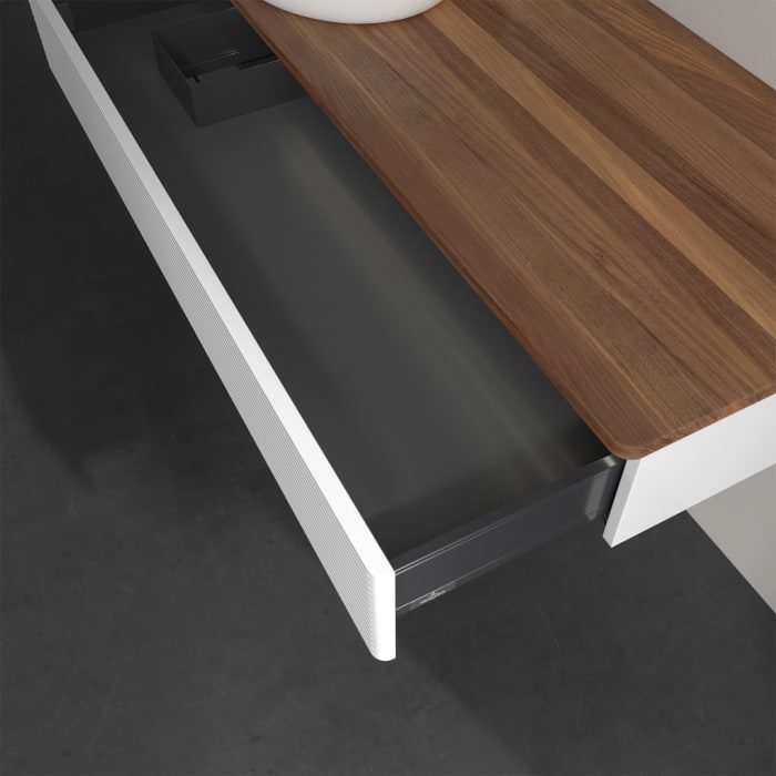 Villeroy & Boch Antao Waschbeckenunterschrank, 120 x 19 cm, 1 Auszug mit LED-Licht, Front mit Struktur, mit Hahnloch, für Waschtisch links