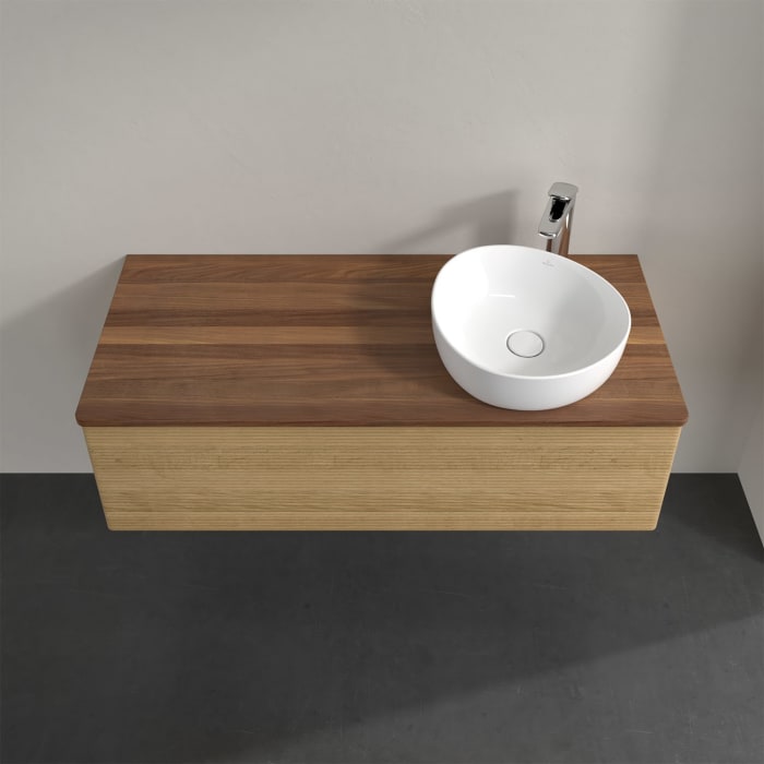 Villeroy & Boch Antao Waschbeckenunterschrank, 120 x 36 cm, 1 Auszug, Front mit Struktur, mit Hahnloch, für Waschtisch rechts