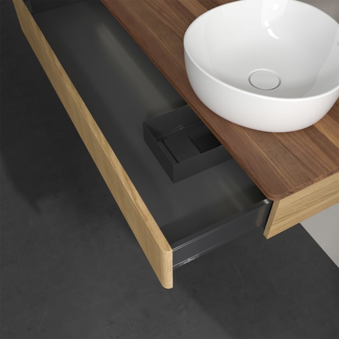 Villeroy & Boch Antao Waschbeckenunterschrank, 120 x 19 cm, 1 Auszug mit LED-Licht, Front mit Struktur, mit Hahnloch, für Waschtisch rechts