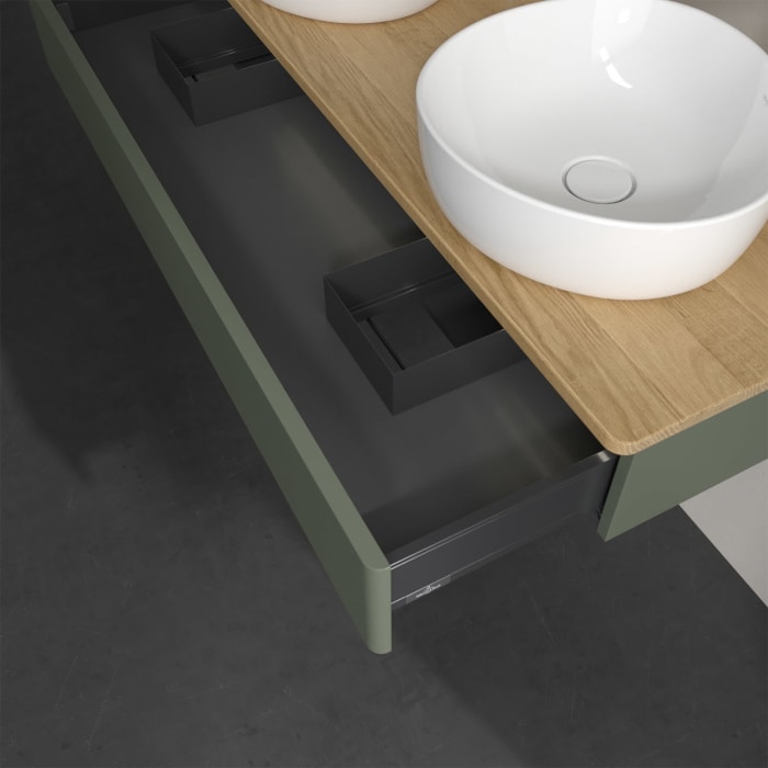 Villeroy & Boch Antao Waschbeckenunterschrank, 120 x 19 cm, 1 Auszug mit LED-Licht, Front ohne Struktur, mit Hahnloch, für Waschtisch links und rechts