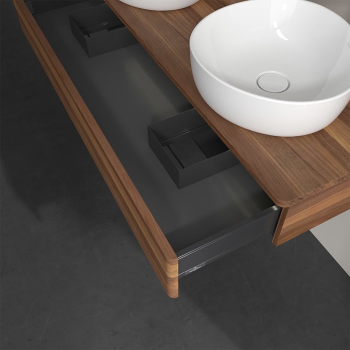 Villeroy & Boch Antao Waschbeckenunterschrank, 120 x 19 cm, 1 Auszug mit LED-Licht, Front ohne Struktur, mit Hahnloch, für Waschtisch links und rechts