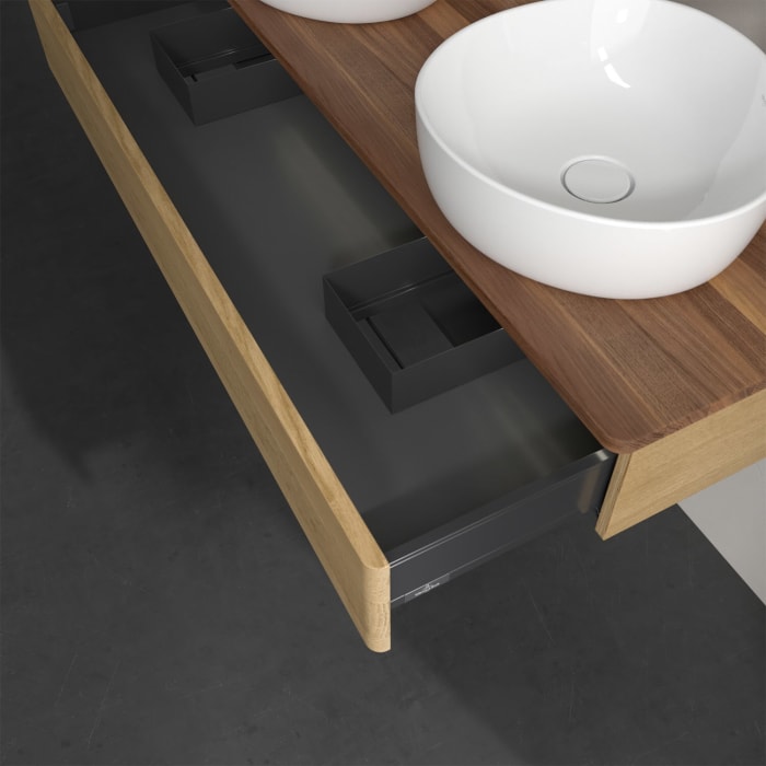 Villeroy & Boch Antao Waschbeckenunterschrank, 120 x 19 cm, 1 Auszug mit LED-Licht, Front ohne Struktur, mit Hahnloch, für Waschtisch links und rechts