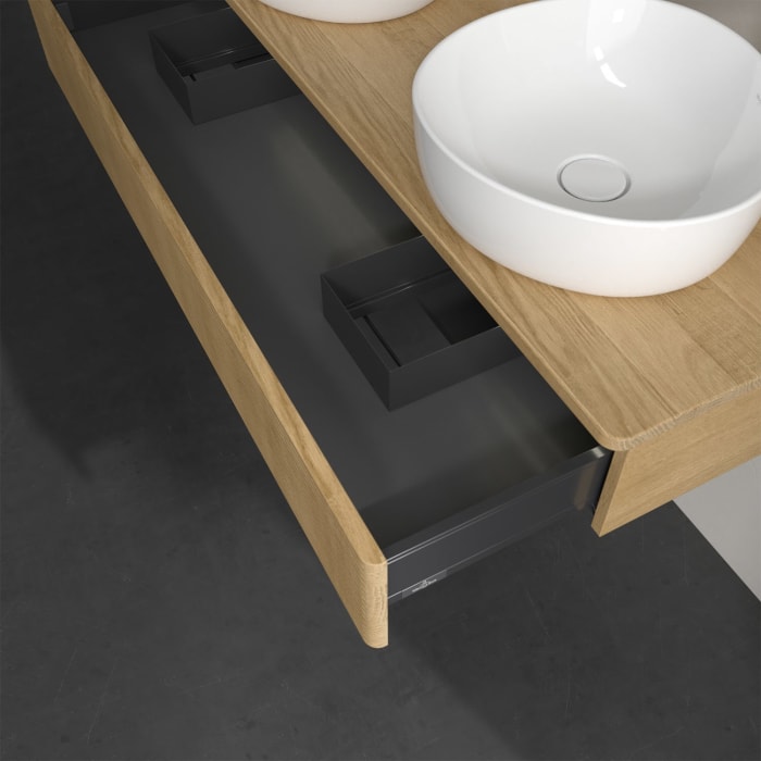 Villeroy & Boch Antao Waschbeckenunterschrank, 120 x 19 cm, 1 Auszug mit LED-Licht, Front mit Struktur, mit Hahnloch, für Waschtisch links und rechts