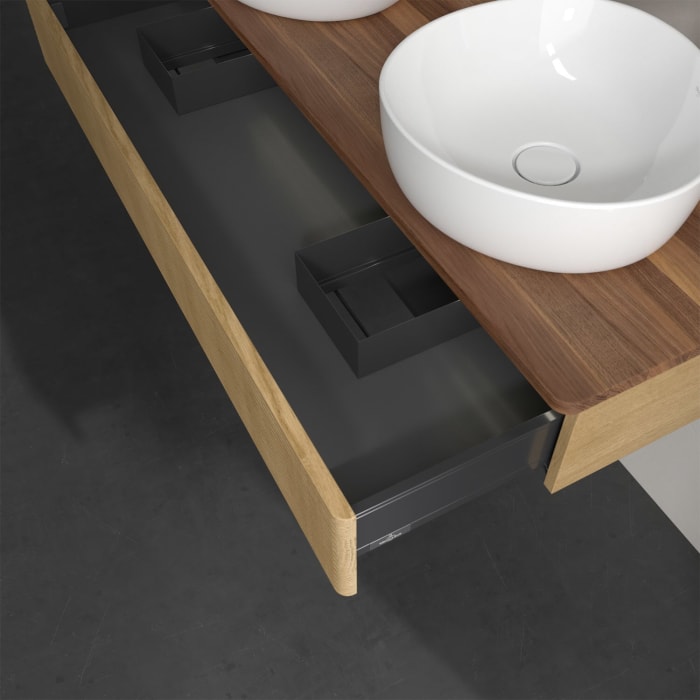 Villeroy & Boch Antao Waschbeckenunterschrank, 120 x 19 cm, 1 Auszug mit LED-Licht, Front mit Struktur, mit Hahnloch, für Waschtisch links und rechts