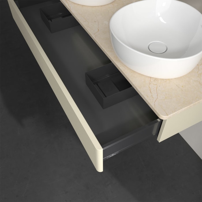 Villeroy & Boch Antao Waschbeckenunterschrank, 120 x 19 cm, 1 Auszug mit LED-Licht, Front mit Struktur, mit Hahnloch, für Waschtisch links und rechts