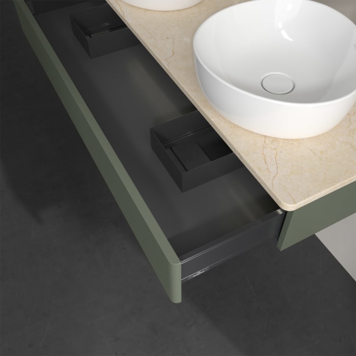 Villeroy & Boch Antao Waschbeckenunterschrank, 120 x 19 cm, 1 Auszug mit LED-Licht, Front mit Struktur, mit Hahnloch, für Waschtisch links und rechts