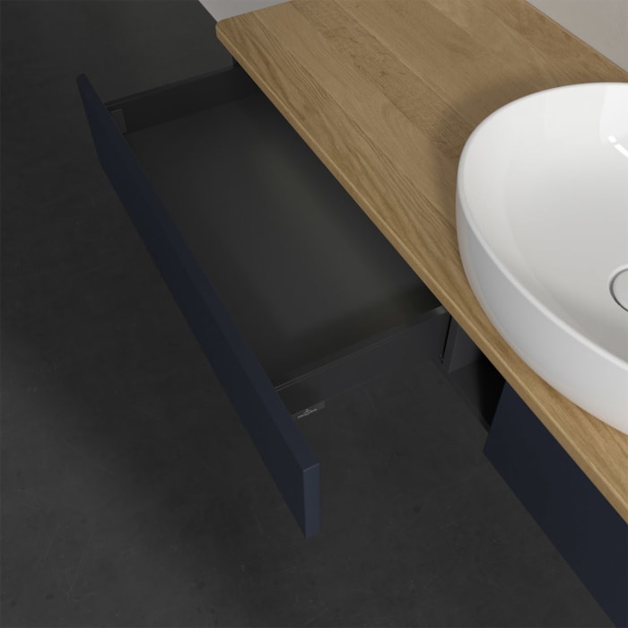 Villeroy & Boch Antao Waschbeckenunterschrank, 160 x 19 cm, 2 Auszüge mit LED-Licht, Front ohne Struktur, mit Hahnloch, für Waschtisch mittig