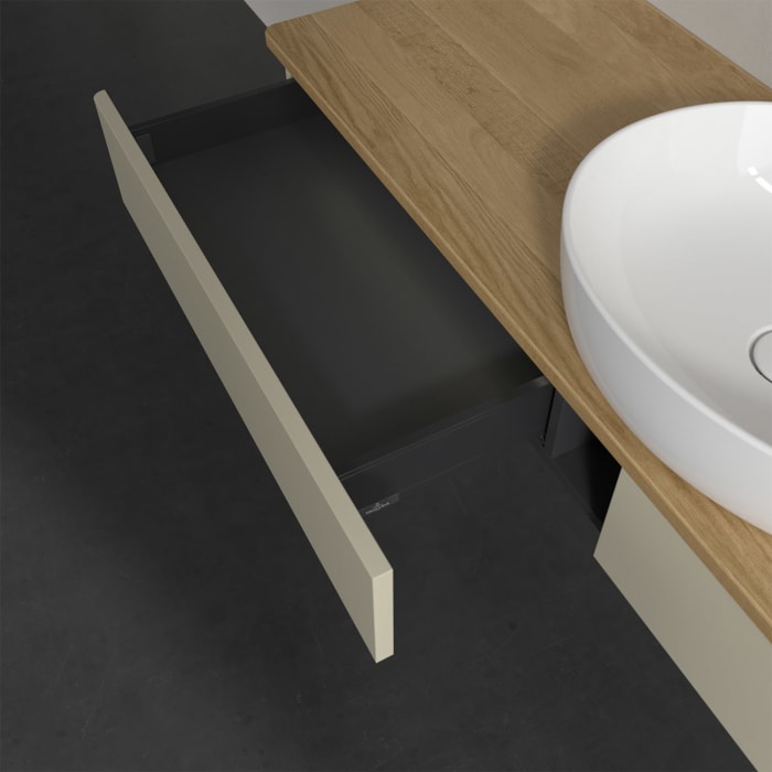 Villeroy & Boch Antao Waschbeckenunterschrank, 160 x 19 cm, 2 Auszüge mit LED-Licht, Front ohne Struktur, mit Hahnloch, für Waschtisch mittig