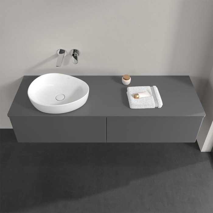 Villeroy & Boch Antao Waschbeckenunterschrank, 160 x 36 cm, 2 Auszüge, Front ohne Struktur, mit Hahnloch, für Waschtisch links