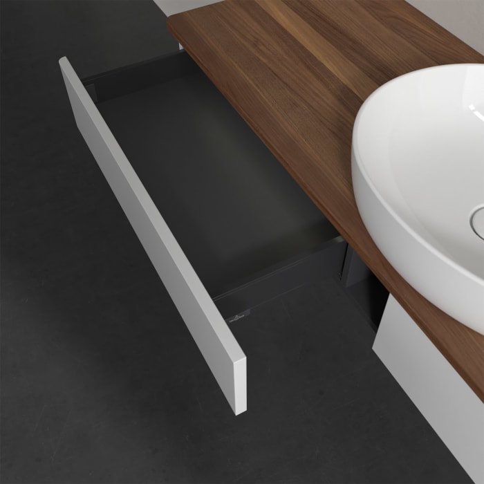 Villeroy & Boch Antao Waschbeckenunterschrank, 160 x 19 cm, 2 Auszüge mit LED-Licht, Front ohne Struktur, mit Hahnloch, für Waschtisch mittig