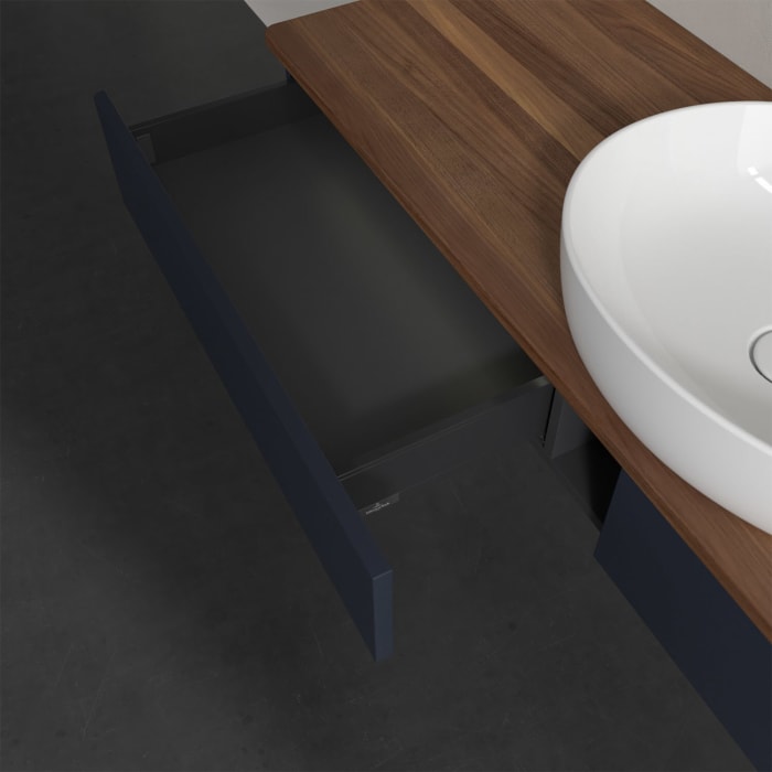 Villeroy & Boch Antao Waschbeckenunterschrank, 160 x 19 cm, 2 Auszüge mit LED-Licht, Front ohne Struktur, mit Hahnloch, für Waschtisch mittig