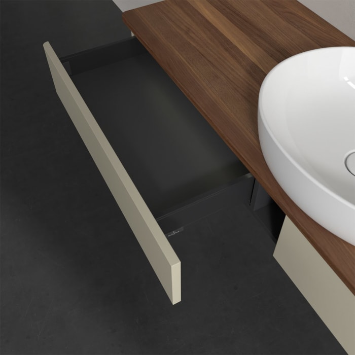 Villeroy & Boch Antao Waschbeckenunterschrank, 160 x 19 cm, 2 Auszüge mit LED-Licht, Front ohne Struktur, mit Hahnloch, für Waschtisch mittig