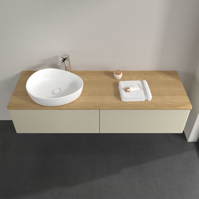 Villeroy & Boch Antao Waschbeckenunterschrank, 160 x 36 cm, 2 Auszüge, Front ohne Struktur, mit Hahnloch, für Waschtisch links