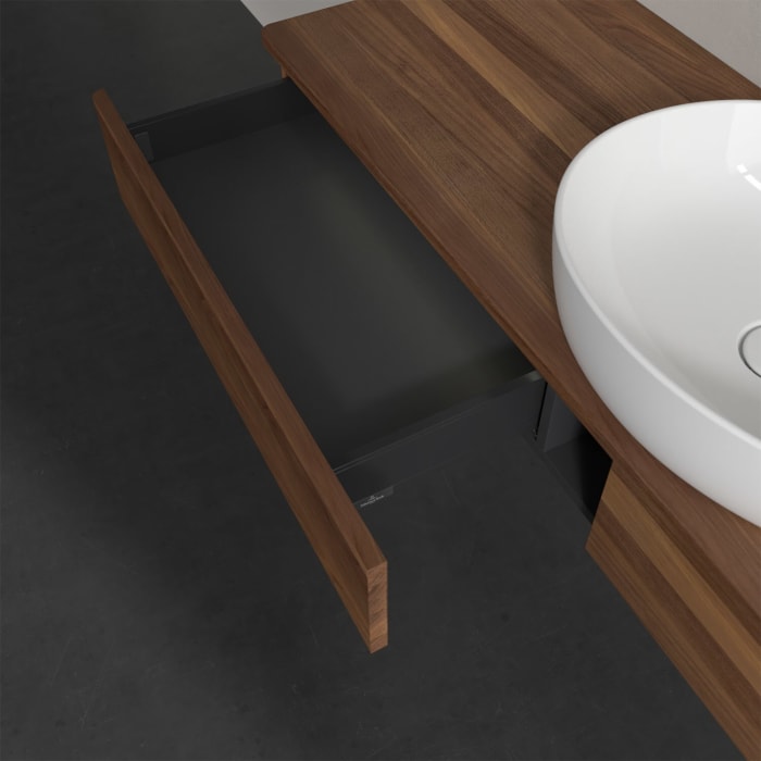 Villeroy & Boch Antao Waschbeckenunterschrank, 160 x 19 cm, 2 Auszüge mit LED-Licht, Front ohne Struktur, mit Hahnloch, für Waschtisch mittig