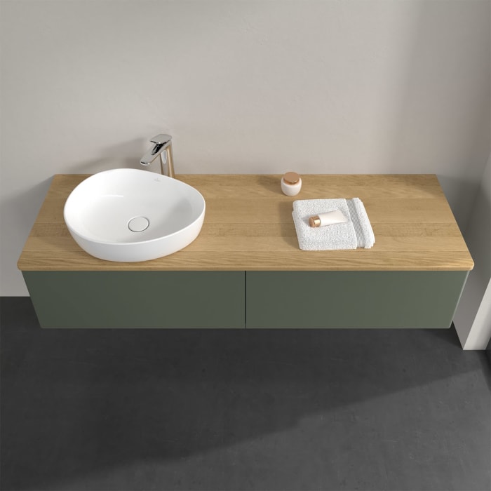 Villeroy & Boch Antao Waschbeckenunterschrank, 160 x 36 cm, 2 Auszüge, Front ohne Struktur, mit Hahnloch, für Waschtisch links