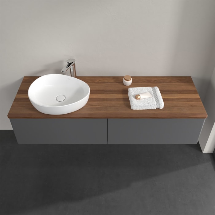 Villeroy & Boch Antao Waschbeckenunterschrank, 160 x 36 cm, 2 Auszüge, Front ohne Struktur, mit Hahnloch, für Waschtisch links