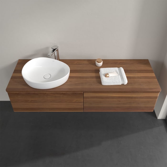 Villeroy & Boch Antao Waschbeckenunterschrank, 160 x 36 cm, 2 Auszüge, Front ohne Struktur, mit Hahnloch, für Waschtisch links