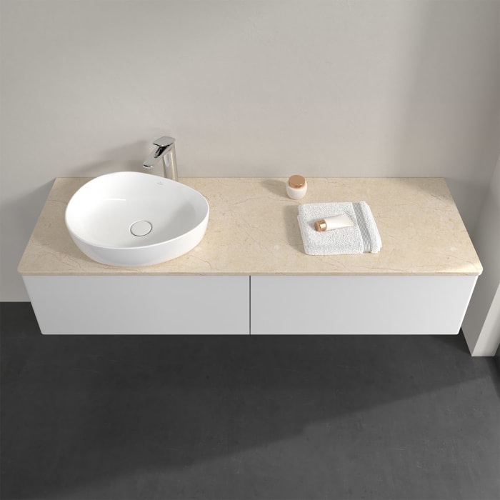 Villeroy & Boch Antao Waschbeckenunterschrank, 160 x 36 cm, 2 Auszüge, Front ohne Struktur, mit Hahnloch, für Waschtisch links