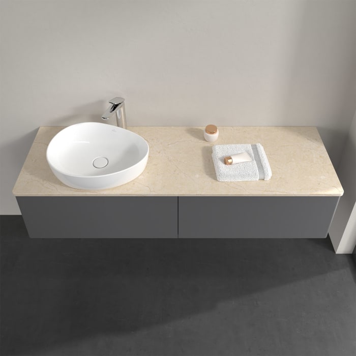 Villeroy & Boch Antao Waschbeckenunterschrank, 160 x 36 cm, 2 Auszüge, Front ohne Struktur, mit Hahnloch, für Waschtisch links