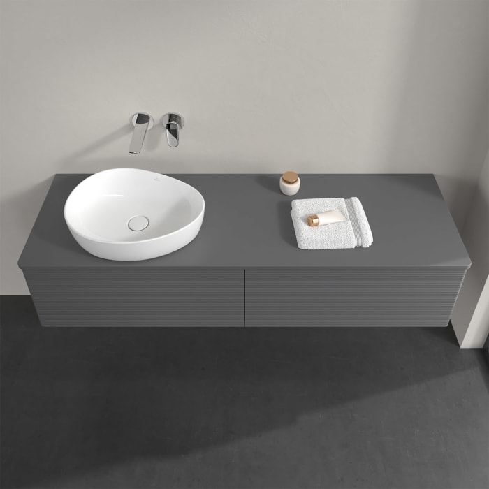 Villeroy & Boch Antao Waschbeckenunterschrank, 160 x 36 cm, 2 Auszüge, Front mit Struktur, ohne Hahnloch, für Waschtisch links