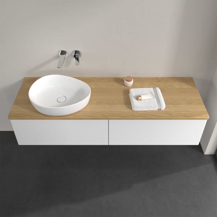 Villeroy & Boch Antao Waschbeckenunterschrank, 160 x 36 cm, 2 Auszüge, Front mit Struktur, ohne Hahnloch, für Waschtisch links