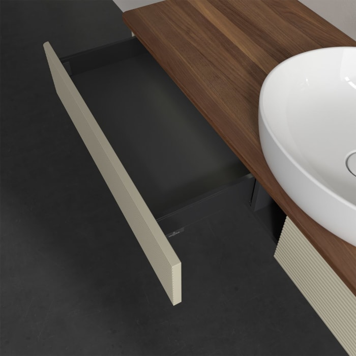 Villeroy & Boch Antao Waschbeckenunterschrank, 160 x 19 cm, 2 Auszüge mit LED-Licht, Front mit Struktur, ohne Hahnloch, für Waschtisch mittig