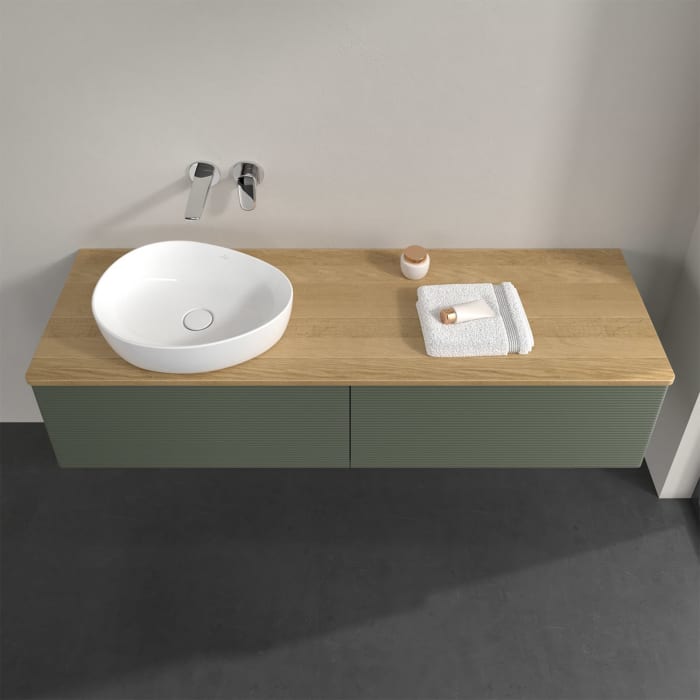 Villeroy & Boch Antao Waschbeckenunterschrank, 160 x 36 cm, 2 Auszüge, Front mit Struktur, ohne Hahnloch, für Waschtisch links