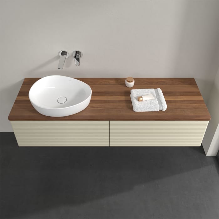 Villeroy & Boch Antao Waschbeckenunterschrank, 160 x 36 cm, 2 Auszüge, Front mit Struktur, ohne Hahnloch, für Waschtisch links