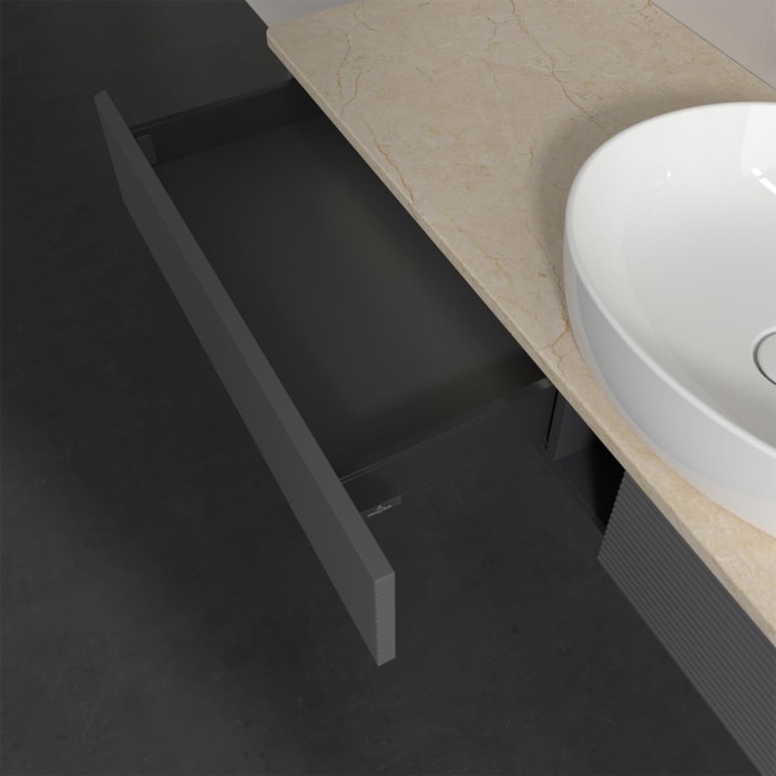 Villeroy & Boch Antao Waschbeckenunterschrank, 160 x 19 cm, 2 Auszüge mit LED-Licht, Front mit Struktur, ohne Hahnloch, für Waschtisch mittig