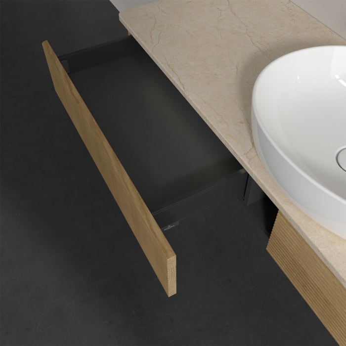 Villeroy & Boch Antao Waschbeckenunterschrank, 160 x 19 cm, 2 Auszüge mit LED-Licht, Front mit Struktur, ohne Hahnloch, für Waschtisch mittig