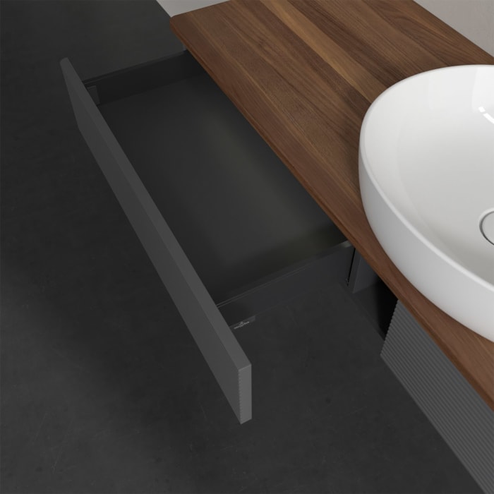 Villeroy & Boch Antao Waschbeckenunterschrank, 160 x 19 cm, 2 Auszüge mit LED-Licht, Front mit Struktur, mit Hahnloch, für Waschtisch mittig