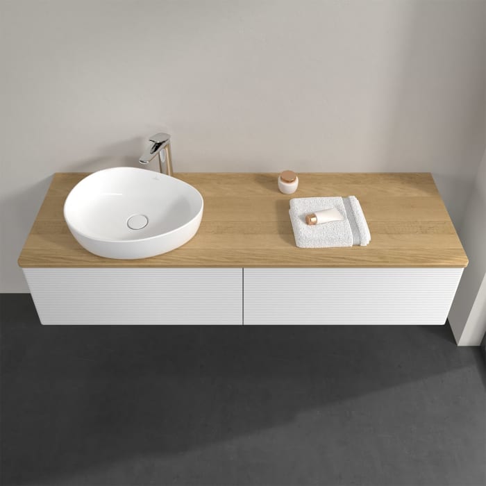 Villeroy & Boch Antao Waschbeckenunterschrank, 160 x 36 cm, 2 Auszüge, Front mit Struktur, mit Hahnloch, für Waschtisch links