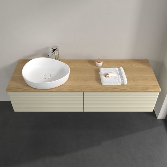 Villeroy & Boch Antao Waschbeckenunterschrank, 160 x 36 cm, 2 Auszüge, Front mit Struktur, mit Hahnloch, für Waschtisch links