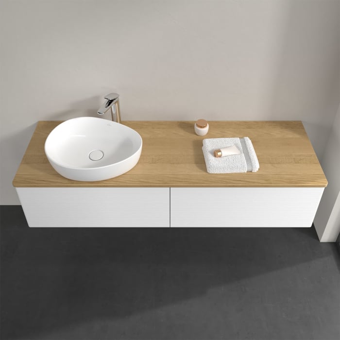 Villeroy & Boch Antao Waschbeckenunterschrank, 160 x 36 cm, 2 Auszüge, Front mit Struktur, mit Hahnloch, für Waschtisch links