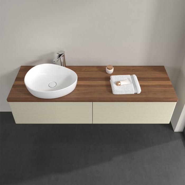 Villeroy & Boch Antao Waschbeckenunterschrank, 160 x 36 cm, 2 Auszüge, Front mit Struktur, mit Hahnloch, für Waschtisch links