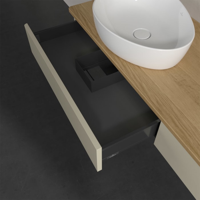 Villeroy & Boch Antao Waschbeckenunterschrank, 160 x 19 cm, 2 Auszüge mit LED-Licht, Front ohne Struktur, ohne Hahnloch, für Waschtisch links