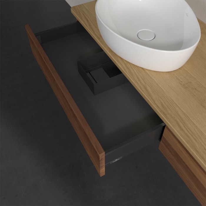 Villeroy & Boch Antao Waschbeckenunterschrank, 160 x 19 cm, 2 Auszüge mit LED-Licht, Front ohne Struktur, ohne Hahnloch, für Waschtisch links