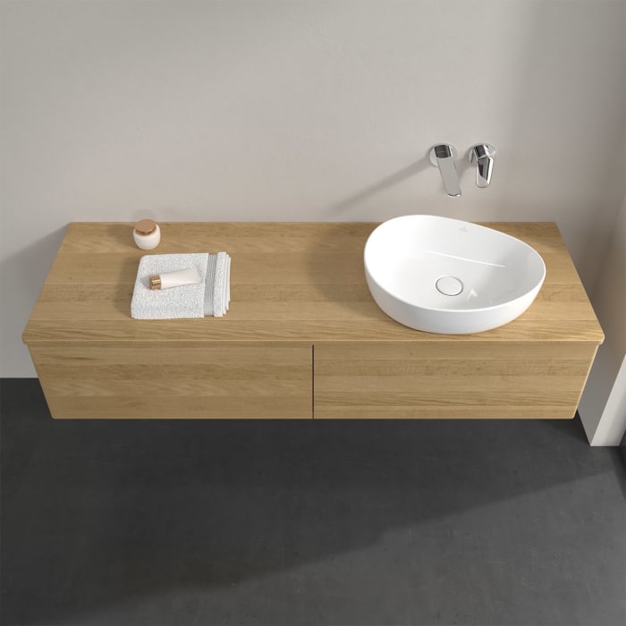 Villeroy & Boch Antao Waschbeckenunterschrank, 160 x 36 cm, 2 Auszüge, Front ohne Struktur, ohne Hahnloch, für Waschtisch rechts