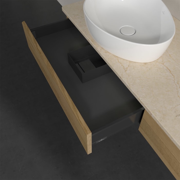 Villeroy & Boch Antao Waschbeckenunterschrank, 160 x 19 cm, 2 Auszüge mit LED-Licht, Front ohne Struktur, ohne Hahnloch, für Waschtisch links