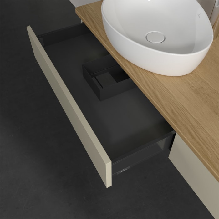 Villeroy & Boch Antao Waschbeckenunterschrank, 160 x 19 cm, 2 Auszüge mit LED-Licht, Front ohne Struktur, mit Hahnloch, für Waschtisch links