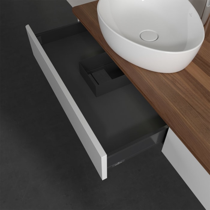 Villeroy & Boch Antao Waschbeckenunterschrank, 160 x 19 cm, 2 Auszüge mit LED-Licht, Front ohne Struktur, mit Hahnloch, für Waschtisch links