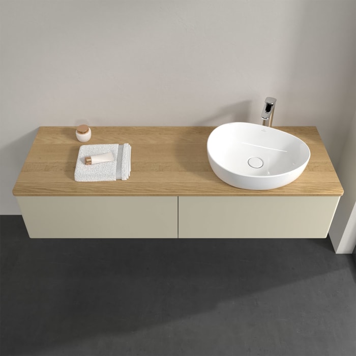 Villeroy & Boch Antao Waschbeckenunterschrank, 160 x 36 cm, 2 Auszüge, Front ohne Struktur, mit Hahnloch, für Waschtisch rechts