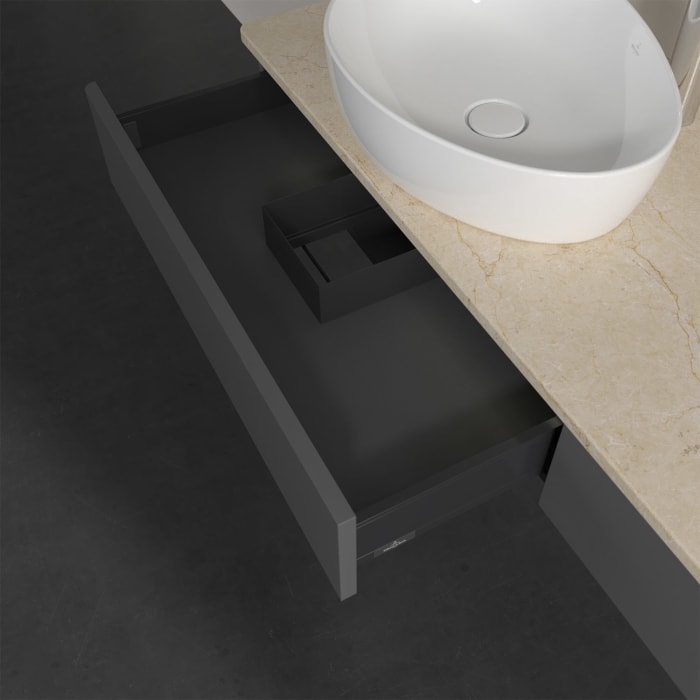 Villeroy & Boch Antao Waschbeckenunterschrank, 160 x 19 cm, 2 Auszüge mit LED-Licht, Front ohne Struktur, mit Hahnloch, für Waschtisch links