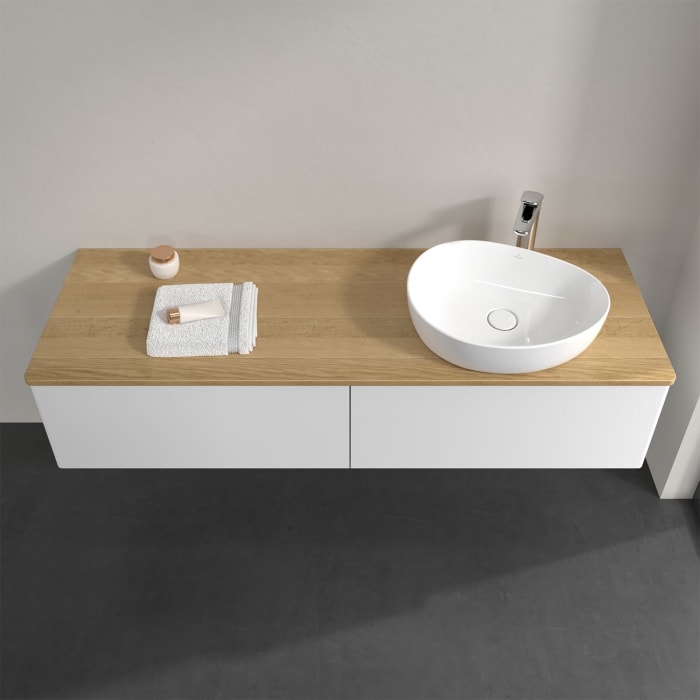 Villeroy & Boch Antao Waschbeckenunterschrank, 160 x 36 cm, 2 Auszüge, Front ohne Struktur, mit Hahnloch, für Waschtisch rechts