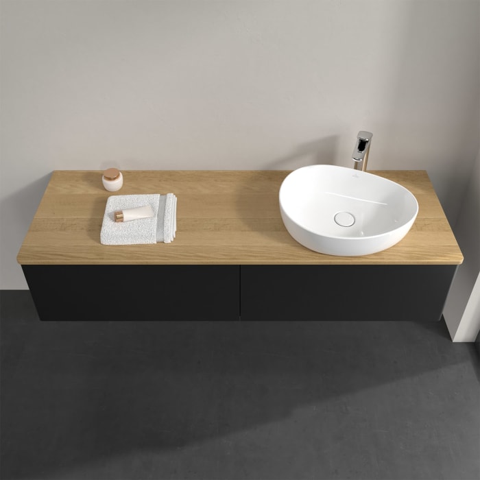 Villeroy & Boch Antao Waschbeckenunterschrank, 160 x 36 cm, 2 Auszüge, Front ohne Struktur, mit Hahnloch, für Waschtisch rechts