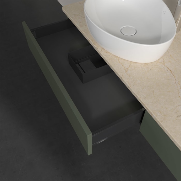 Villeroy & Boch Antao Waschbeckenunterschrank, 160 x 19 cm, 2 Auszüge mit LED-Licht, Front ohne Struktur, mit Hahnloch, für Waschtisch links